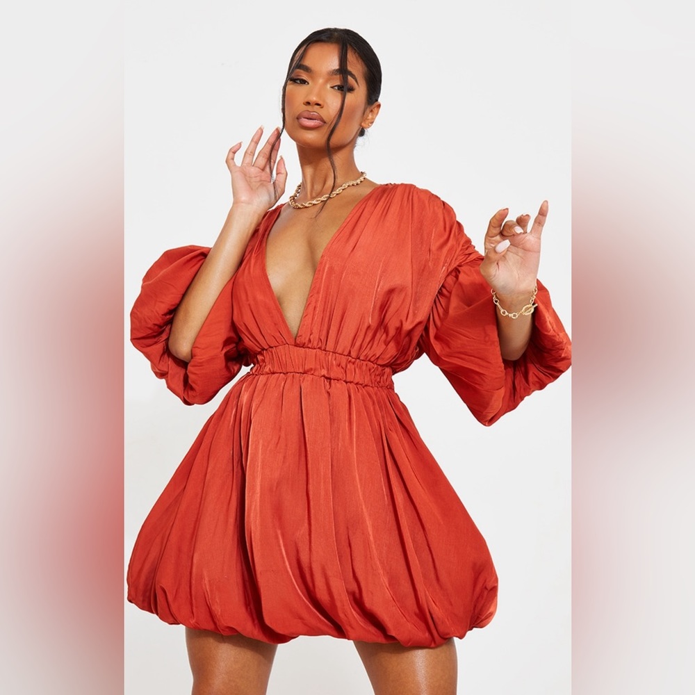 Copper Terracotta Puff Sleeve Puffball Hem Shift Dress